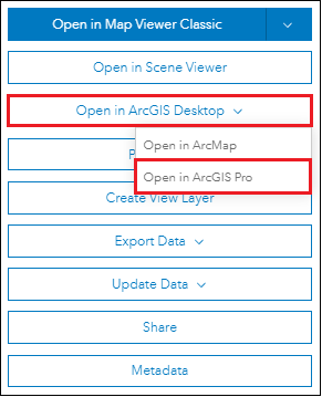 The option located on the sidebar of the item details page to open an ArcGIS Online feature layer in ArcGIS Pro.