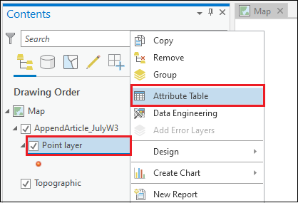 Access the table view of the data by right-clicking the layer and selecting Attribute Table in the Contents pane.