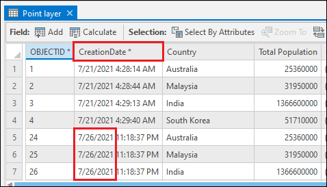 The CreationDate field in the attribute table of the feature layer viewed in ArcGIS Pro. The date and time of feature creation is recorded automatically in the field.