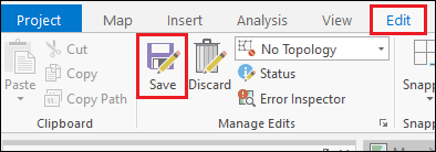 Access the Save button by navigating to the Edit tab on the ArcGIS Pro ribbon.