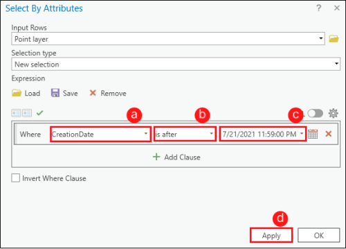 Configure the query builder in the Select By Attribute window to select the appended data based on the date and time listed in the CreationDate field.
