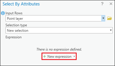 The 'New expression' option in the Select By Attribute window to open the query builder.