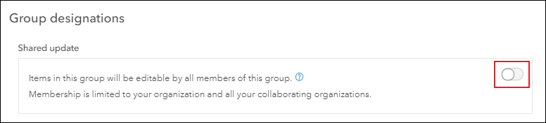 In the Create a group window, the Group designations section with the Shared update setting is toggled off.