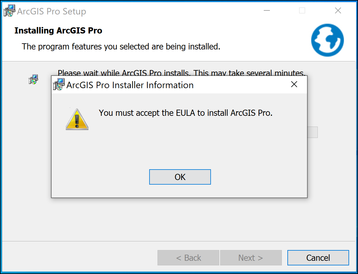 The error message: You must accept the EULA to install ArcGIS Pro returned in the ArcGIS Pro Setup page