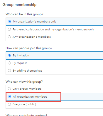 On the Settings tab, under Group memberships, in the box under 'Who can view this group?', select 'All organization members' to enable the group's viewing settings.