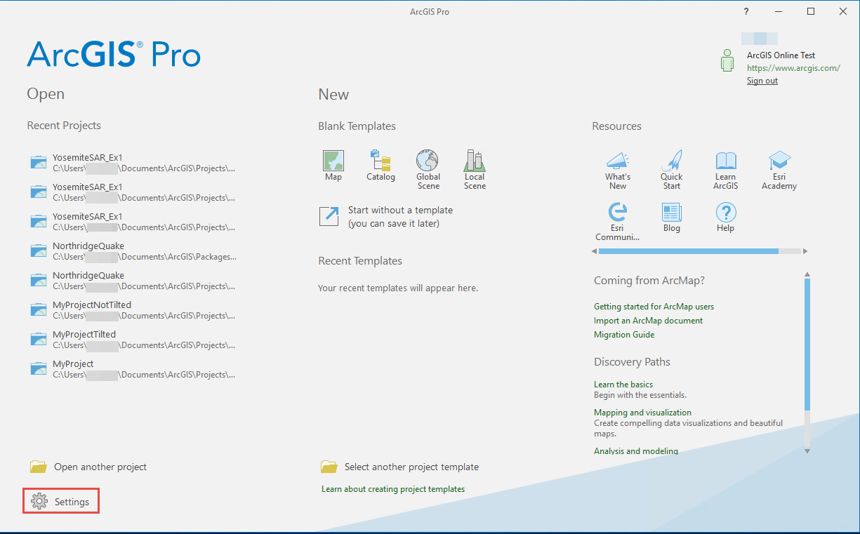 The ArcGIS Pro Start page