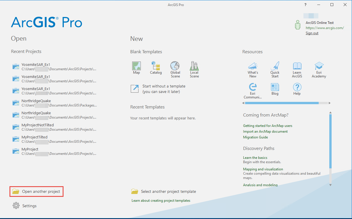 The ArcGIS Pro Start page