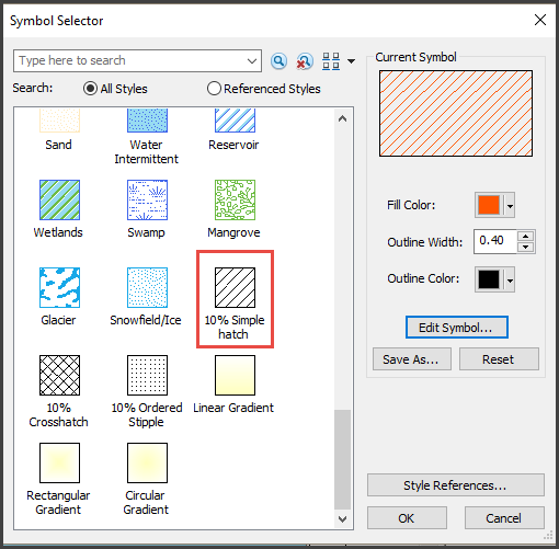 Select the hatch symbology in the Symbology Selector dialog box.