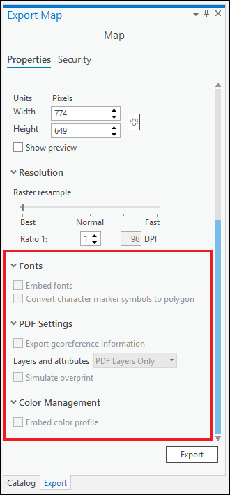 When exporting a map in ArcGIS Pro, the Export Map pane does not have the Fonts, PDF Settings, and Color Management sections available.