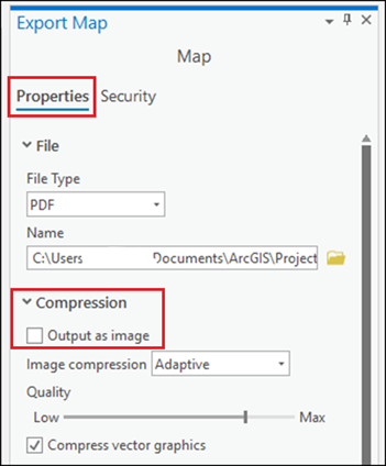 In the Export Map pane, uncheck the Output as image check box to enable Fonts and PDF Settings.