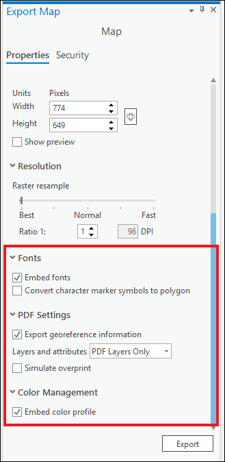 The Export pane for a PDF export with the Fonts, PDF Settings, and Color Management settings available.