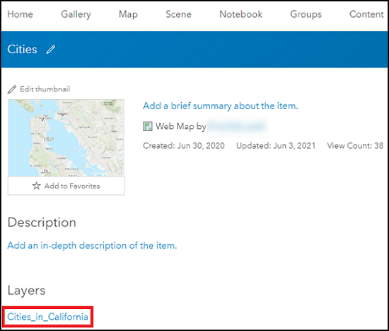 The item details page of the web map shows the relevant information including the names of the hosted feature layers used in the web map.