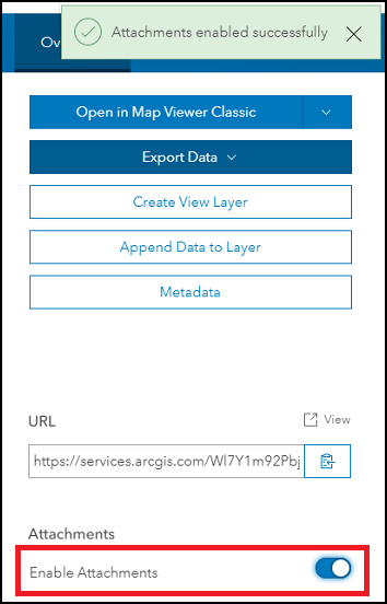 The option to turn on attachments for the layer is available by toggling on Enable Attachments under Attachments.