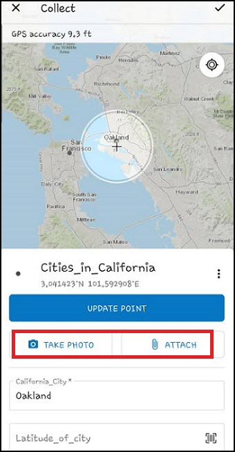 The TAKE PHOTO and ATTACH options are available when editing a feature in the ArcGIS Field Maps app after enabling the attachments for the layer.