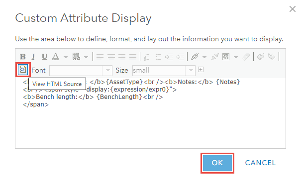 The Custom Attribute Display dialog box displaying the HTML Source view
