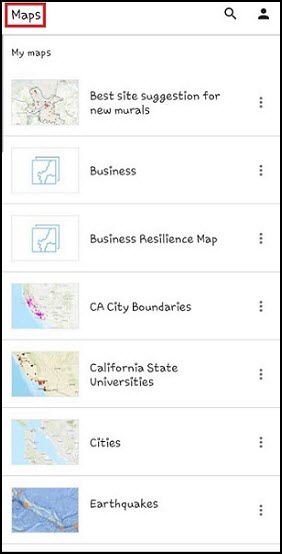 The Maps list in the ArcGIS Field Maps mobile app not showing the Central Business District web map.