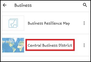 The Business group under Groups in the Field Maps mobile app displays the Central Business District web map.