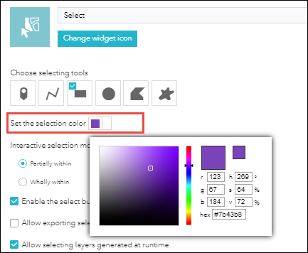 In ArcGIS Web AppBuilder, the selection color of the Select widget is configurable in the 'Set the selection color' section of the settings. The purple color is selected in this example.