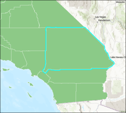 The border of the polygon representing San Bernardino County, California is highlighted in cyan color when selected.