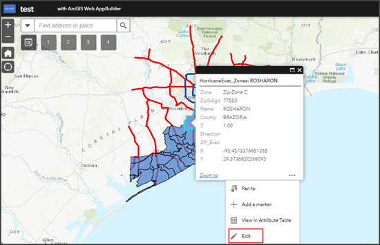 The ArcGIS Web AppBuilder pop-up with the Edit option available.