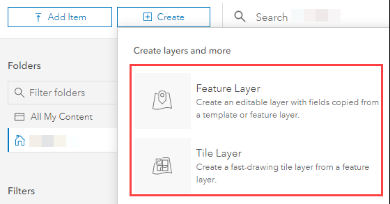 The options to create hosted feature layer in ArcGIS Enterprise Portal