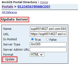 Entering the adminURL from Step 2 in the Server Admin URL parameter in the Update Server page in ArcGIS Portal Directory
