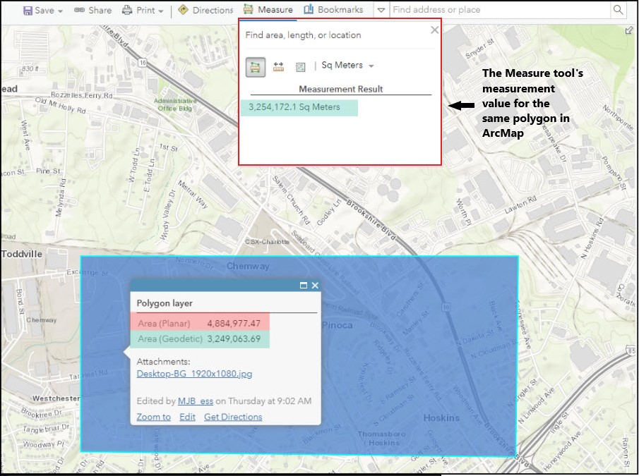 The polygon area value using the Measure tool in ArcGIS Online.