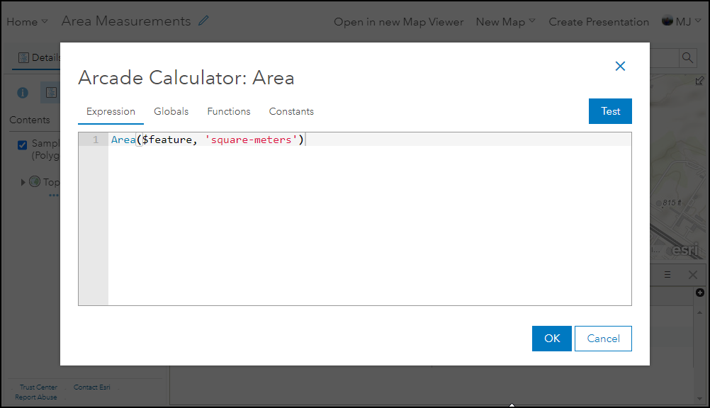 The Arcade Calculator window displaying the Area function in the expression box.