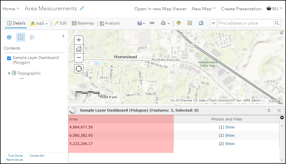 The attribute table displaying the Area field with populated Planar area values.