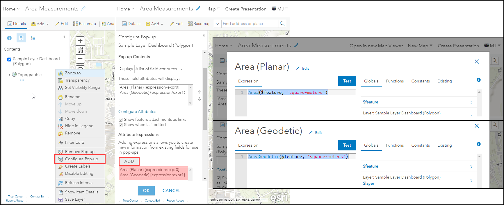 The Configure Pop-up window displaying the Attribute Expressions section. There are two expression windows containing the Area and AreaGeodetic functions respectively.