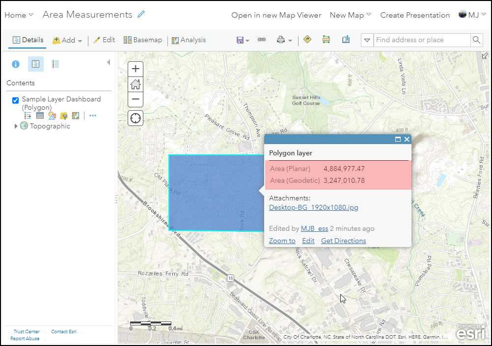 The Planar and Geodetic area calculations in a web map pop-up.