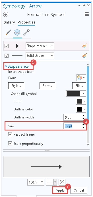 The modified arrowhead,  which is done by expanding the Appearance section and selecting the desired size value.