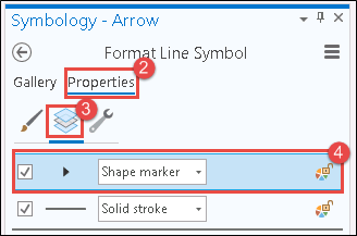 In the Symbology pane, access the arrowhead shape marker symbol layer by clicking the Properties tab, the Layers tab, and select the arrow symbol layer.