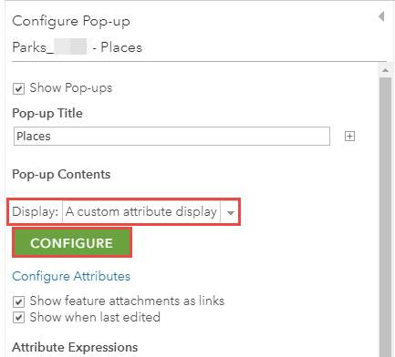 The Configure Pop-up pane