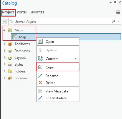 Copying the map in the Maps folder in the Catalog pane.
