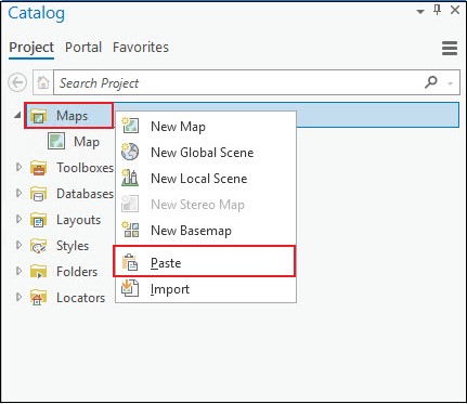 Pasting the map in the Maps folder in the Catalog pane.