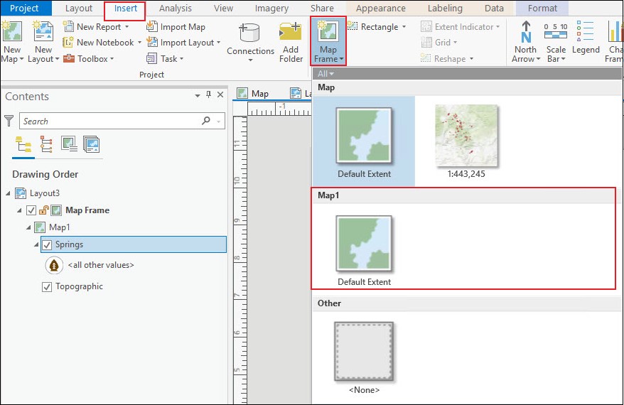 Selecting the copied map in the Map Frame drop-down menu from the Insert tab.