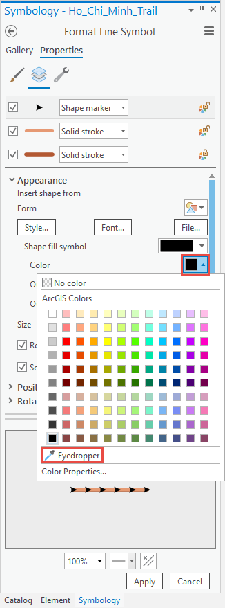 ArcGIS Pro Format Line Symbol pane with Eyedropper tool selection