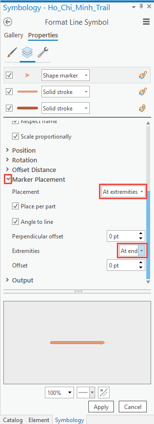 ArcGIS Pro Format Line Symbol pane with formatted marker placement