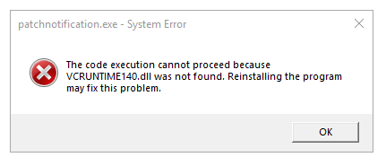 The error message: The code execution cannot proceed because VCRUNTIME140.dll was not found. Reinstalling the program may fix this problem returned when launching the ArcGIS Enterprise Patch Notification tool