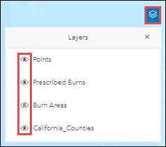 The Layers list, symbolized by a stack icon, is located at the upper-right corner of a web map in ArcGIS Dashboards. Click the eye symbol to switch on or off the visibility of an operational layer in the dashboard.
