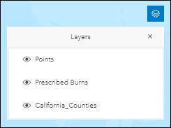 The Layers list in ArcGIS Dashboards displays the layers of the web map added to the dashboard. The Burn Areas layer is not on the list after the layer is removed from the web map.