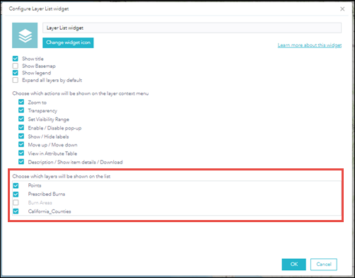 Configure the Layer List widget in ArcGIS Web AppBuilder to choose which layers to display in the list of the web app by checking or unchecking the boxes in the 'Choose which layers will be shown on the list' section.