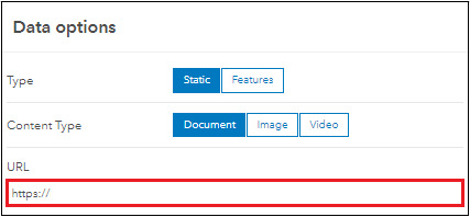 On the configuration page for the embedded content, in the Data options section, paste the copied URL in the box provided in the URL field to embed the web app in the dashboard.