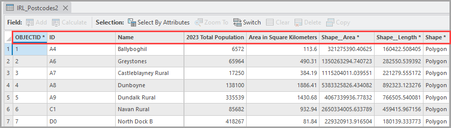 The field order in the attribute table