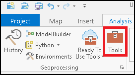 The Tools option is available in the Geoprocessing group under the Analysis tab in ArcGIS Pro.