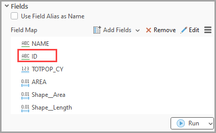 The reordered ID field in the Export Features pane