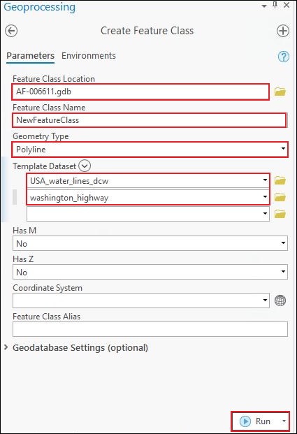 The Create Feature Class window displaying the Feature Class Location, Feature Class Name, Geometry type and Template Dataset parameters.