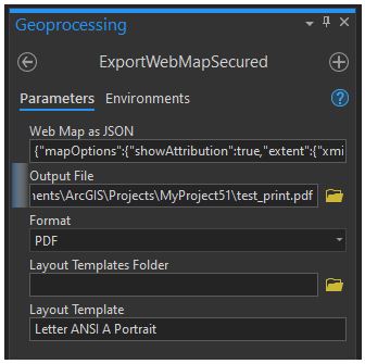 Setting parameters in the ExportWebMapSecured geoprocessing properties dialog