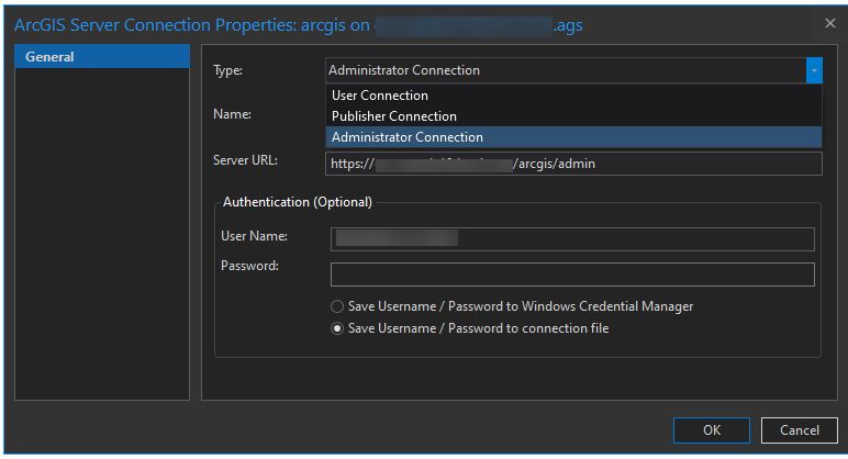 Setting the connection type in the ArcGIS Server Connection Properties dialog